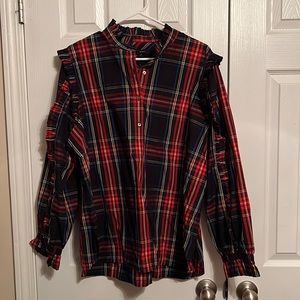 NWT J. Crew Ruffle Sleeve Holiday Plaid 1/4 Button Shirt